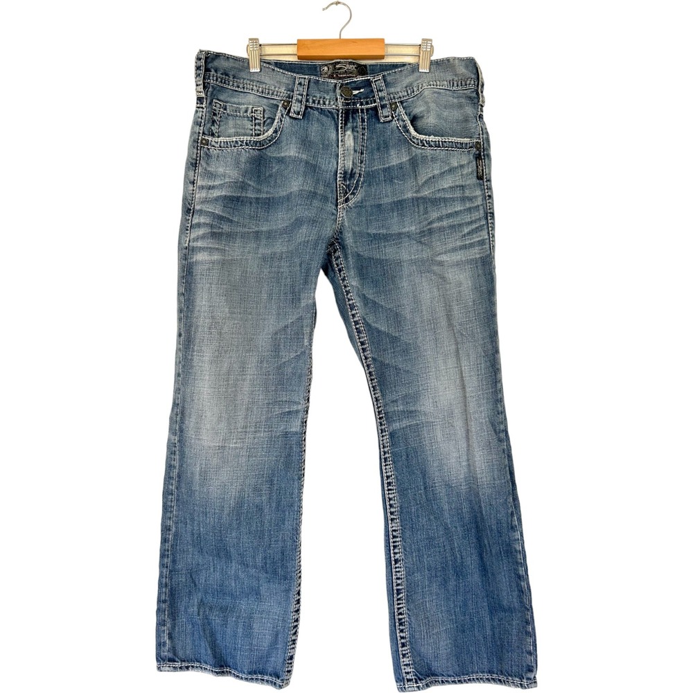 Silver Jeans Co Gordie Flap Loose Fit Medium Wash Thick Stitch Denim Jeans 36x29